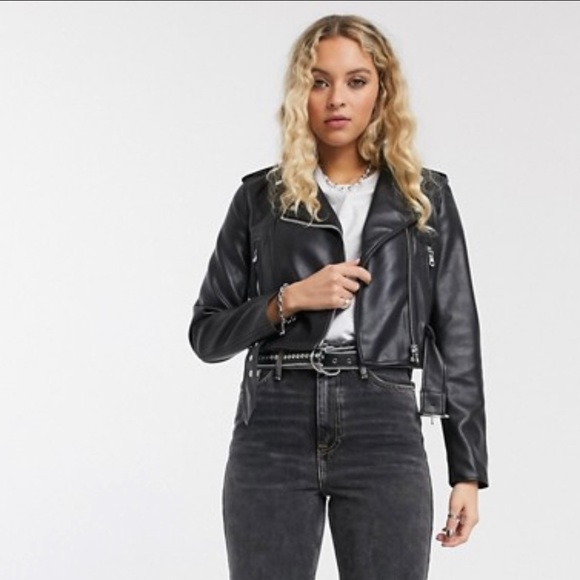 ASOS Jackets & Blazers - ASOS Bershka cropped faux leather biker jacket